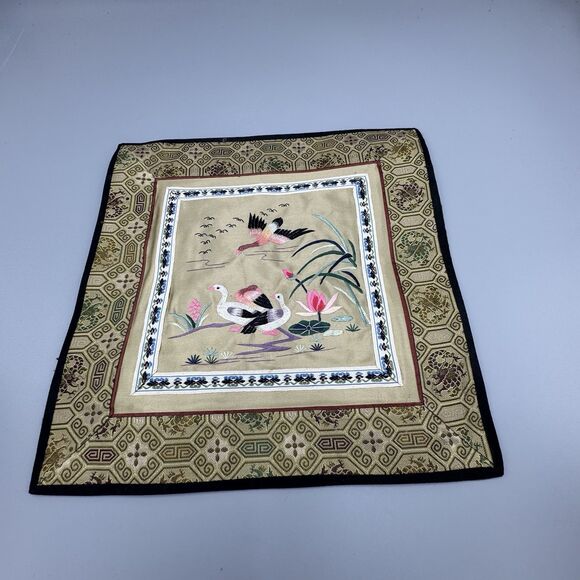 Vtg Chinese Silk Art Embroidered Square Green Frameable Panel Ducks on Lily Pond - Picture 3 of 6